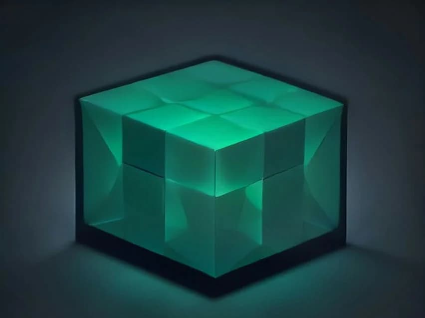A translucent cube unfolding into layered grids of glowing points